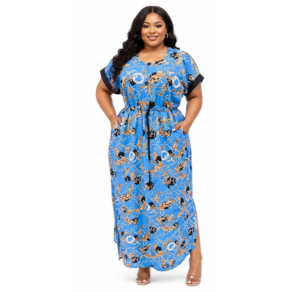 Womens Blue Chain Print Midi Dress  with  Drawstring Waist